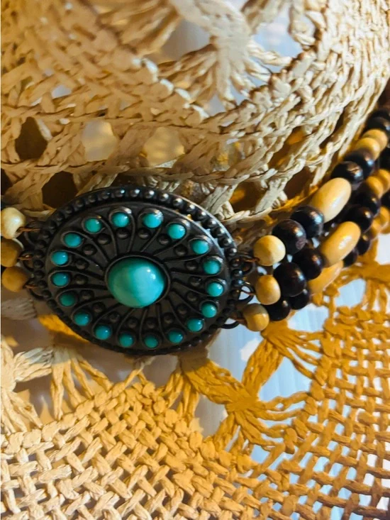 Beaded Straw Cowgirl Hat with Turquoise Concho - Tan/Brown - Picture 2 of 6